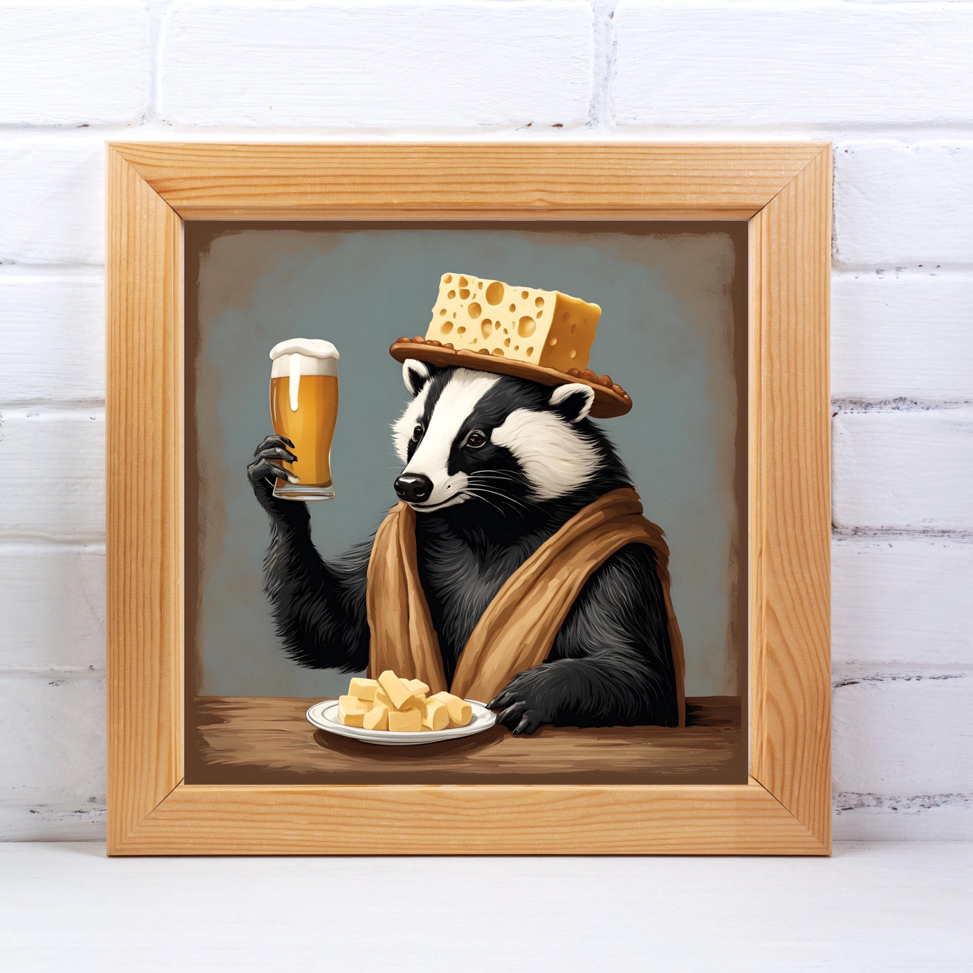 a painting of a badger holding a glass of beer