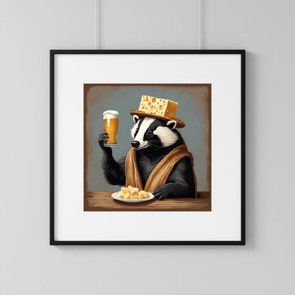 a painting of a badger holding a beer and a plate of food