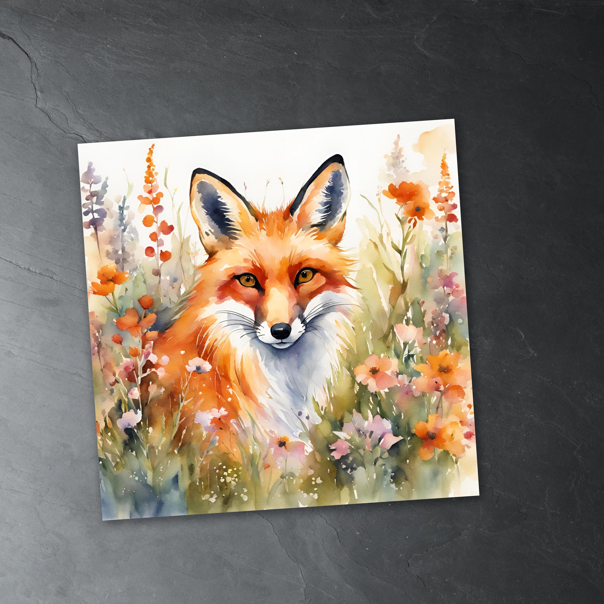 Watercolor of a Fox in a Field of Flowers Art Print laying flat on black table