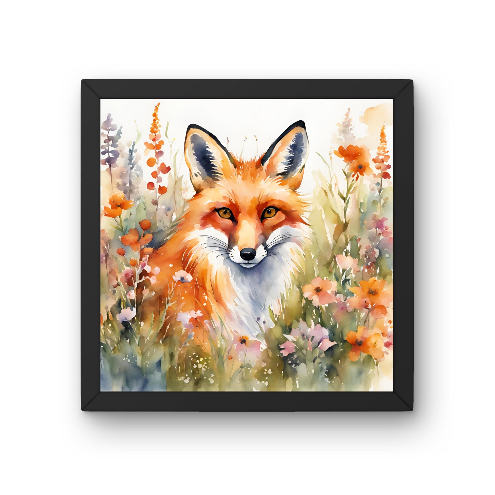 Watercolor of a Fox in a Field of Flowers Art Print in  Black picture frame.