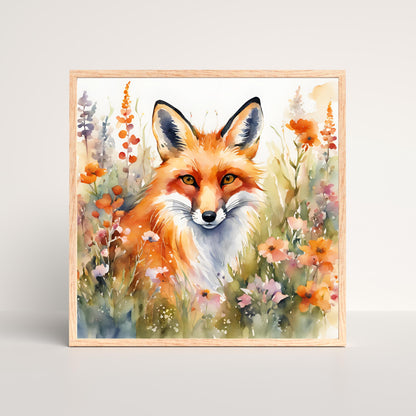 Watercolor of a Fox in a Field of Flowers Art Print in  oak picture frame.