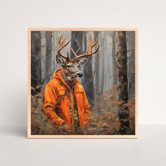 a painting of a deer wearing an orange jacket